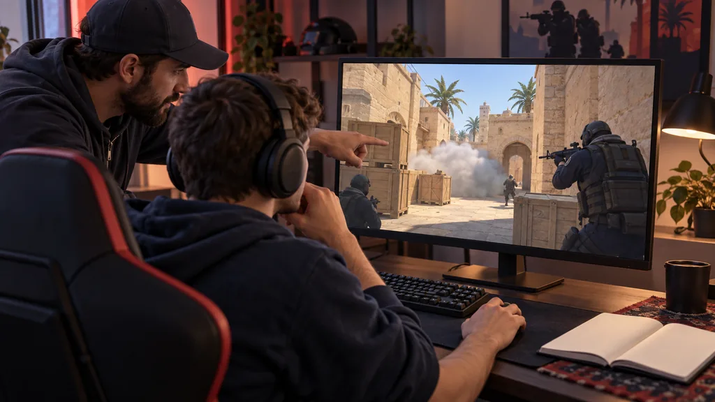 Тренер и игрок разбирают позицию у ящиков в Counter-Strike 2 на мониторе рядом с открытым блокнотом Тренер и игрок разбирают позицию у ящиков в Counter-Strike 2 на мониторе рядом с открытым блокнотом.