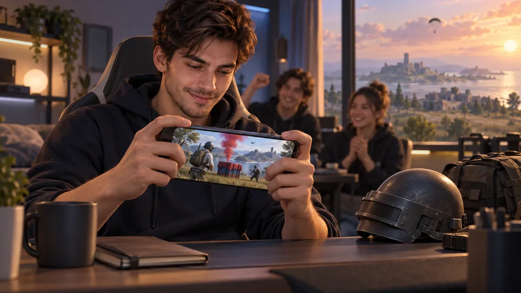 Улыбающийся игрок демонстрирует экран PUBG Mobile на фоне товарищей и игрового снаряжения.