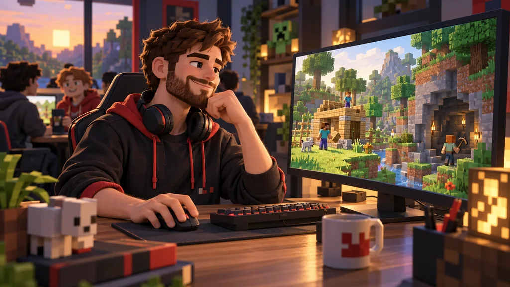 Улыбающийся игрок с наушниками на шее сидит у компьютера с кубическим миром после занятия Улыбающийся игрок с наушниками на шее сидит у компьютера с кубическим миром после занятия.