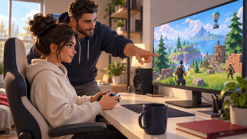 Тренер помогает ученице подготовиться к игре Fortnite с контроллером перед большим монитором.