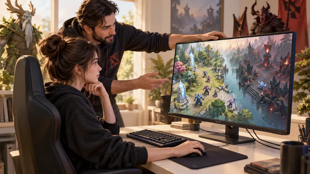 Тренер помогает ученице выбрать удобное положение монитора для занятий Dota 2.