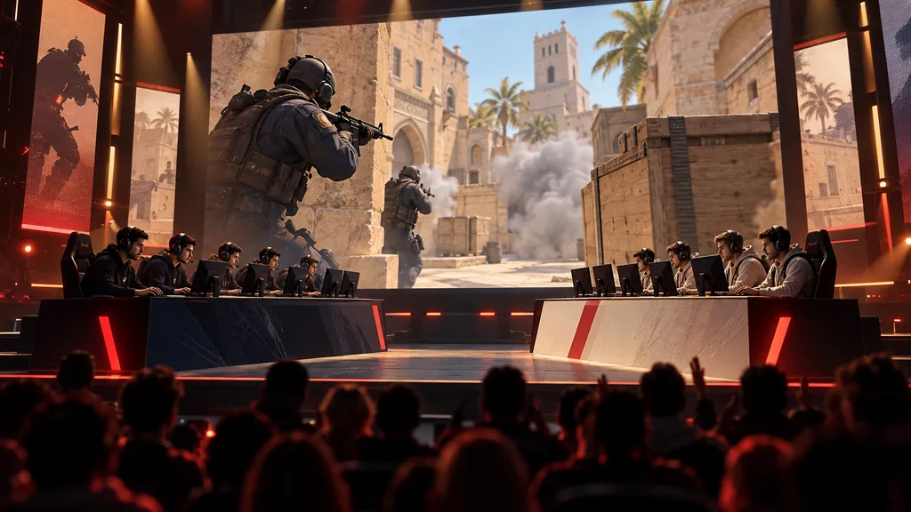 Две вымышленные команды играют на сцене турнира Counter-Strike 2 перед большим экраном.